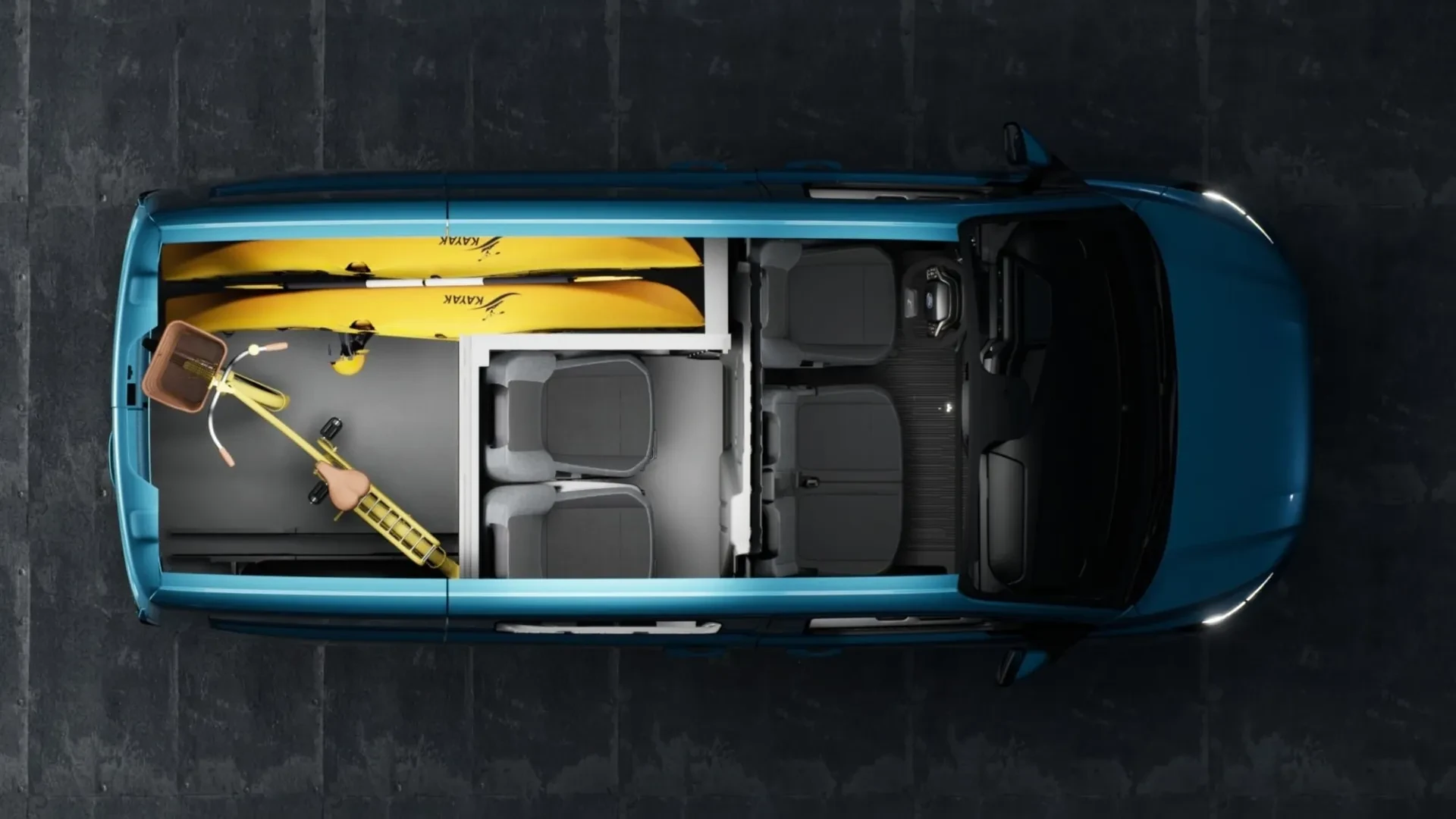 Ford E-Transit Custom: oro pagalvė lubose, dinamikos valdymas vienu pedalu, vairas tampa stalu