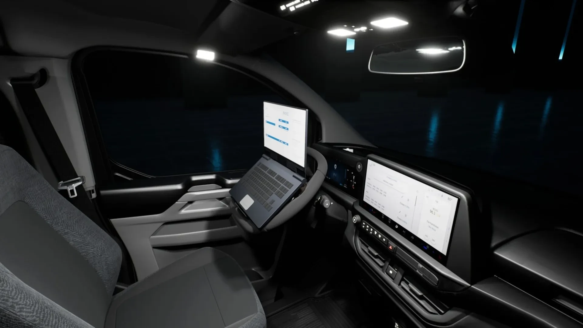 Ford E-Transit Custom: oro pagalvė lubose, dinamikos valdymas vienu pedalu, vairas tampa stalu