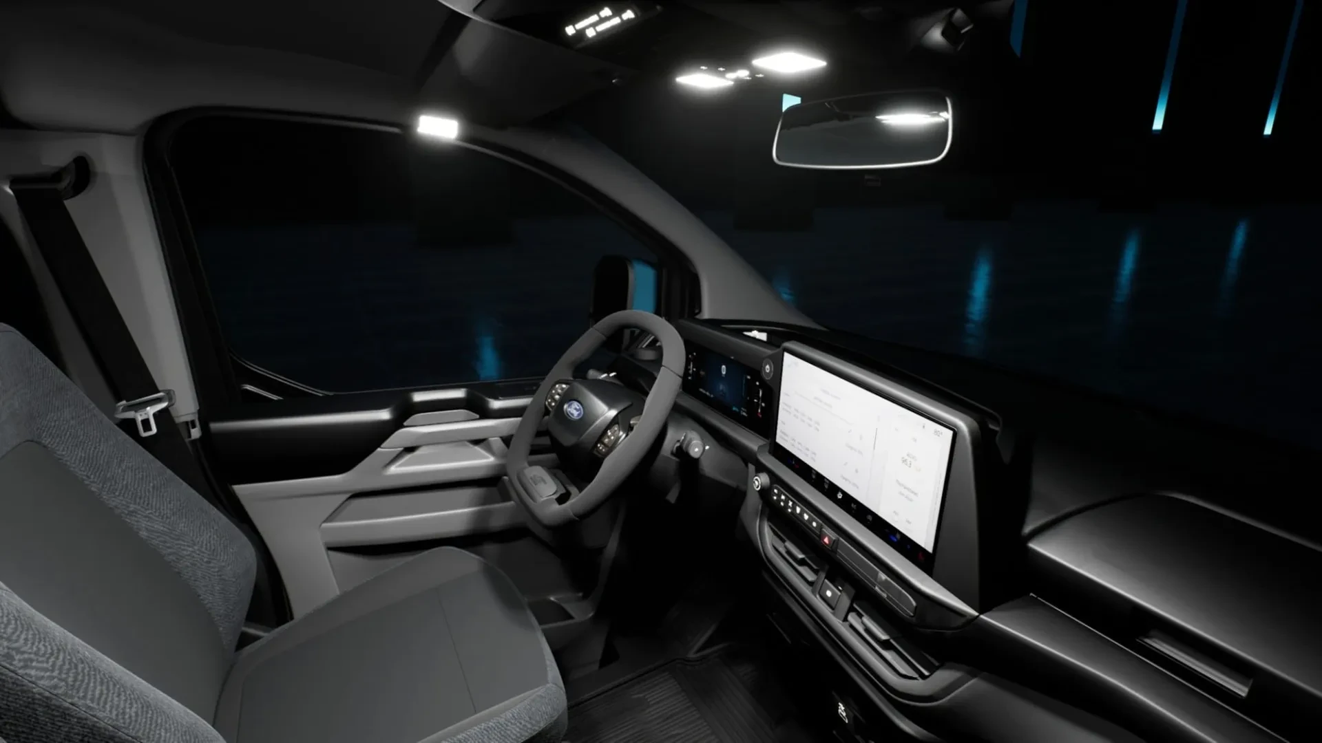 Ford E-Transit Custom: oro pagalvė lubose, dinamikos valdymas vienu pedalu, vairas tampa stalu